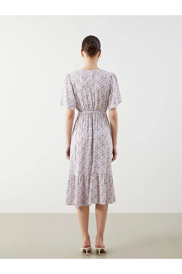 LCW Comfort Lila V Yaka Çiçekli Elbise - 4