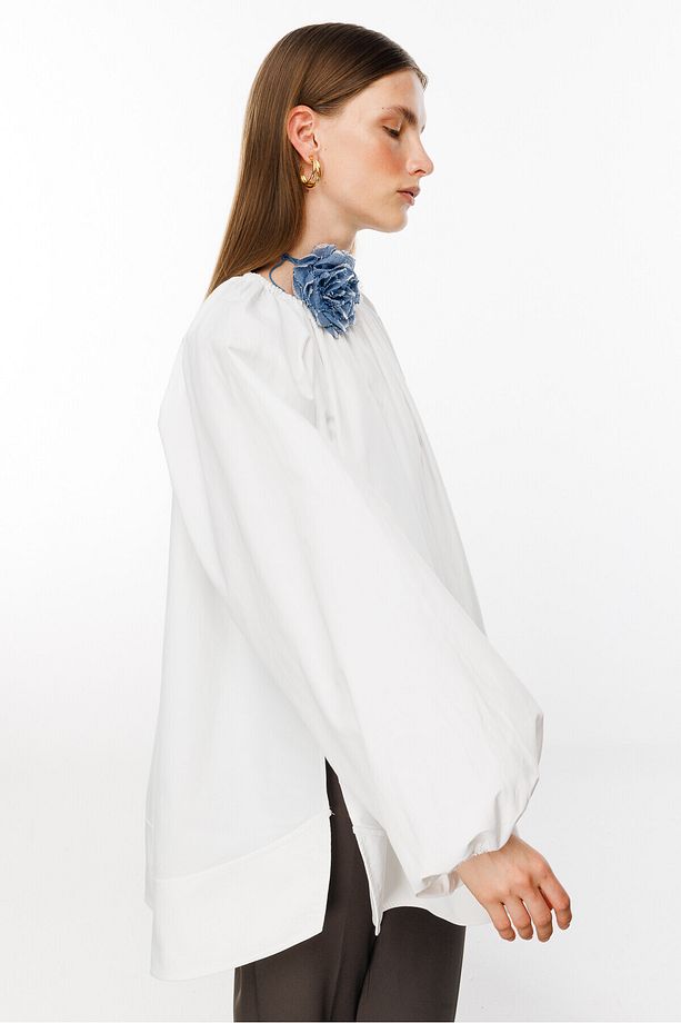 Ekru Volanlı Poplin Bluz - 6