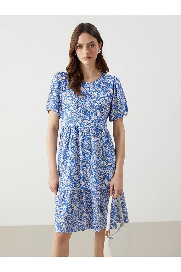 LCW Comfort Mavi Bisiklet Yaka Çiçekli Mini Elbise - 2