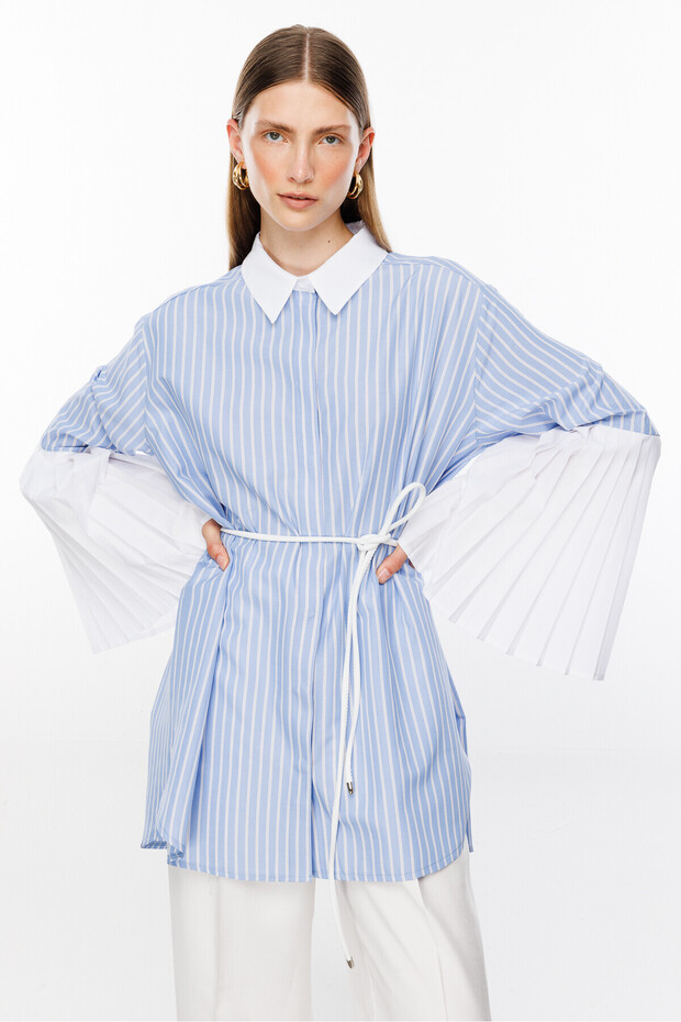 Pleated Sleeve Striped Shirt