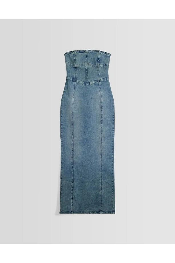 ALLBUCKS BERSH KA Straplez Yırtmaçlı Streç Uzun Midi Denim Elbise Abbrs0010 - 5