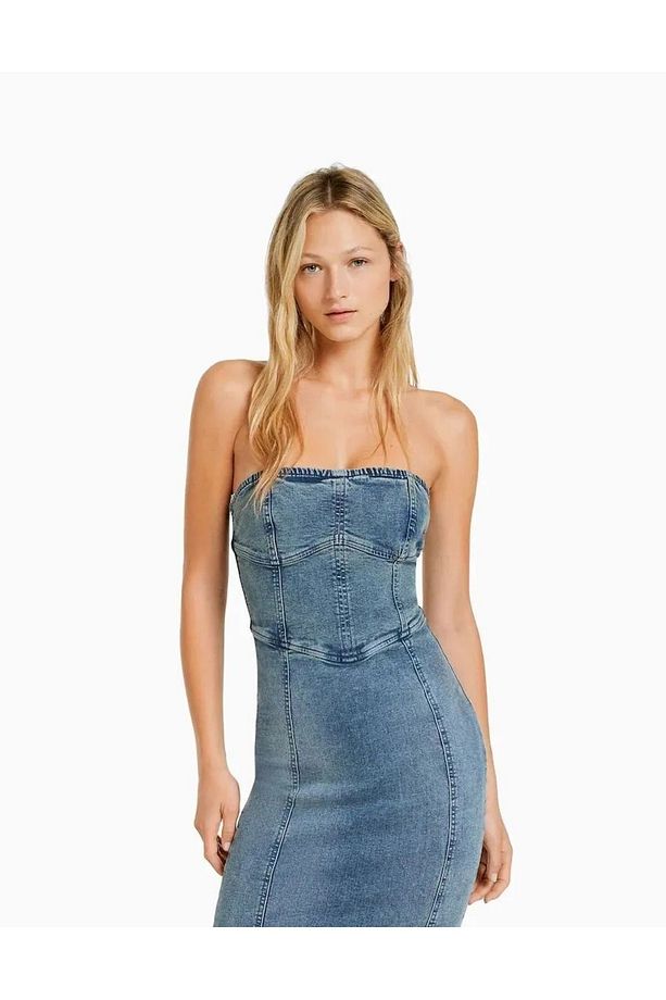 ALLBUCKS BERSH KA Straplez Yırtmaçlı Streç Uzun Midi Denim Elbise Abbrs0010 - 2