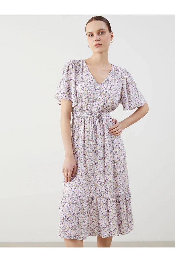 LCW Comfort Lila V Yaka Çiçekli Elbise - 2