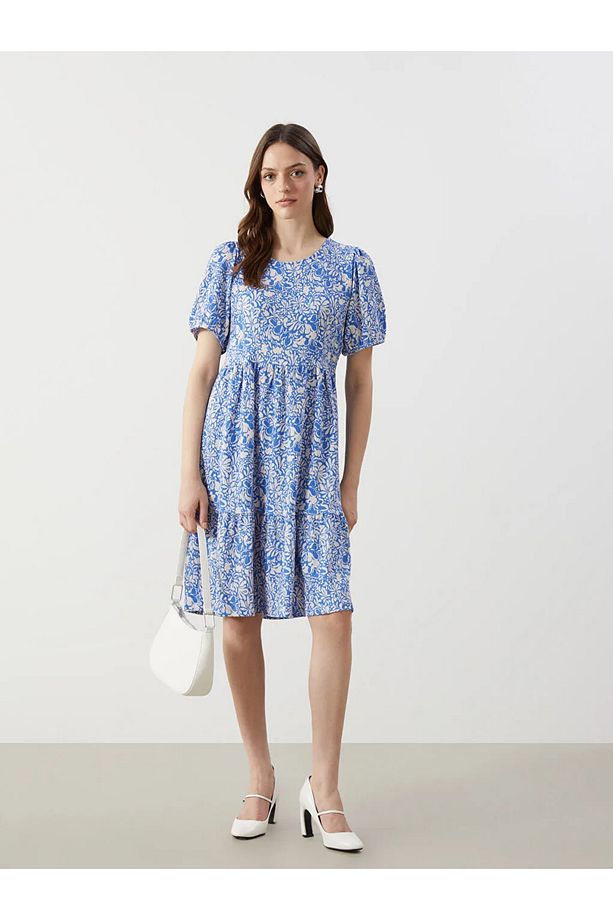 LCW Comfort Mavi Bisiklet Yaka Çiçekli Mini Elbise - 4