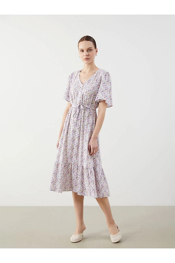 LCW Comfort Lila V Yaka Çiçekli Elbise - 1