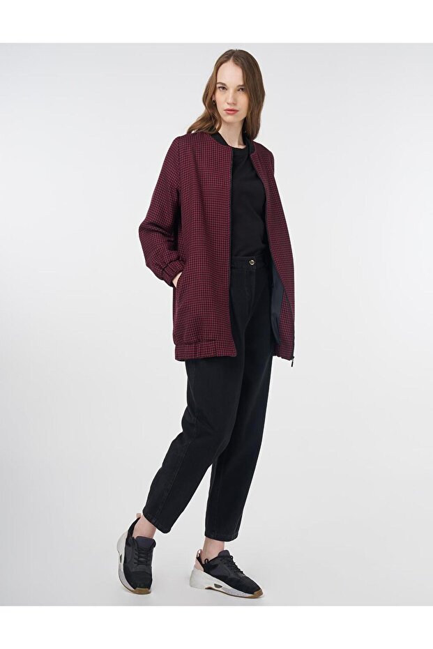 Houndstooth Pattern Basic Jacket Black-Claret Red - 2