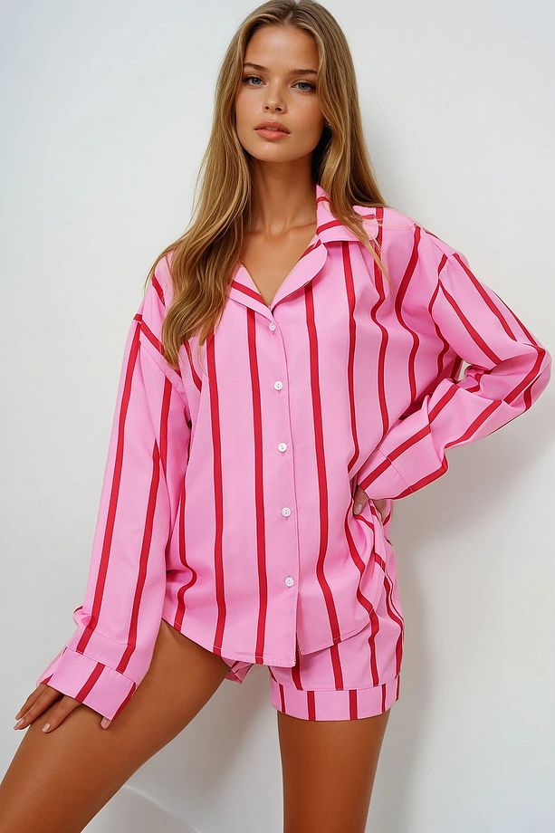 Kadın Pembe-bordo Duble Manşet Ve Paça Detaylı Dokuma Gömlek Ve Şortlu Pijama Takımı Pjmx13919 - 1