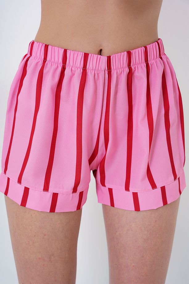 Kadın Pembe-bordo Duble Manşet Ve Paça Detaylı Dokuma Gömlek Ve Şortlu Pijama Takımı Pjmx13919 - 4