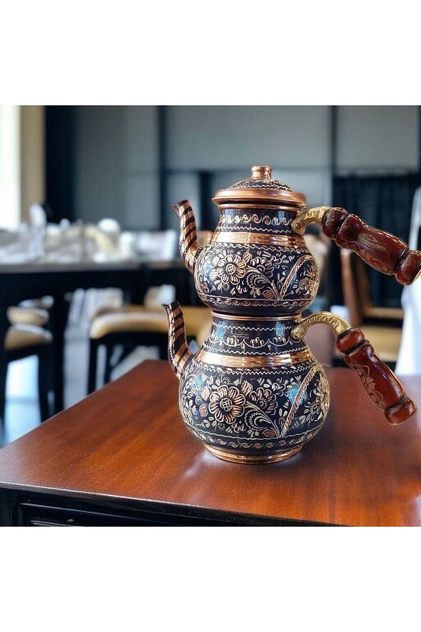 İşlemeli Bakır Çaydanlık Seti 2 Kişilik 1.5 Litrelik Mor Çaydanlık Bakır Demlik El Yapımı Şık Çeyiz - 3