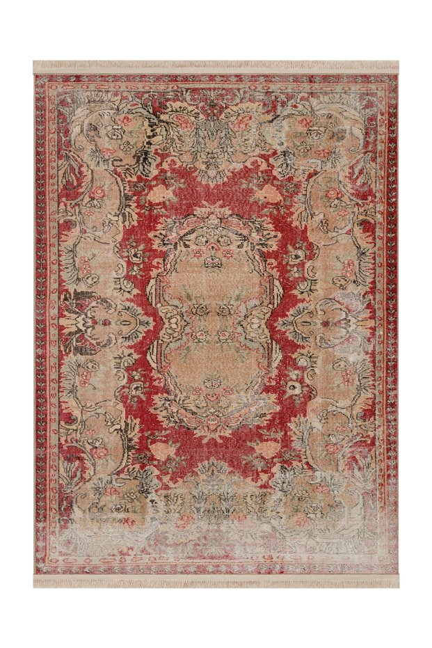 Memlik Collection Red Beige Theme Traditional Vintage Patterned Woven Base Decorative Carpet Memlik05