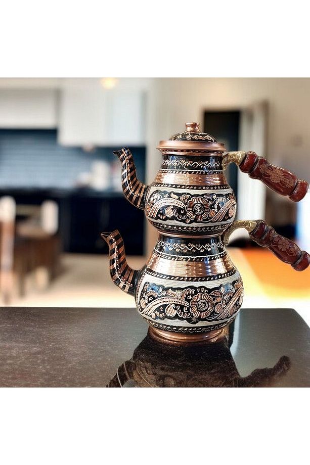 İşlemeli Bakır Çaydanlık Seti 2 Kişilik 1.5 Litrelik Siyah Çaydanlık Bakır Demlik El Yapımı ŞıkÇeyiz - 1