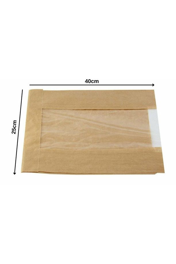 Kraft Şamua Pencereli Kese Kağıdı, Körüklü Ambalaj Poşeti, Butik Hediye Paketi, 50 Adet, 25x40 Cm - 2