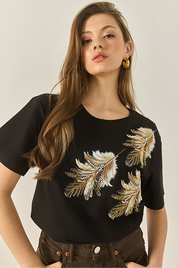 Women's Black Shoulder Leaf Patterned Bead Embroidery Detailed Comfortable Fit Cotton T-Shirt 1850 60283283