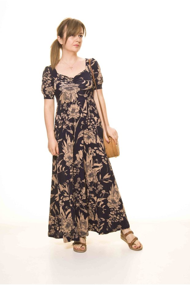 Women's Summer Navy Blue Kiss Collar Watermelon Sleeve Long Dress 17D-3077
