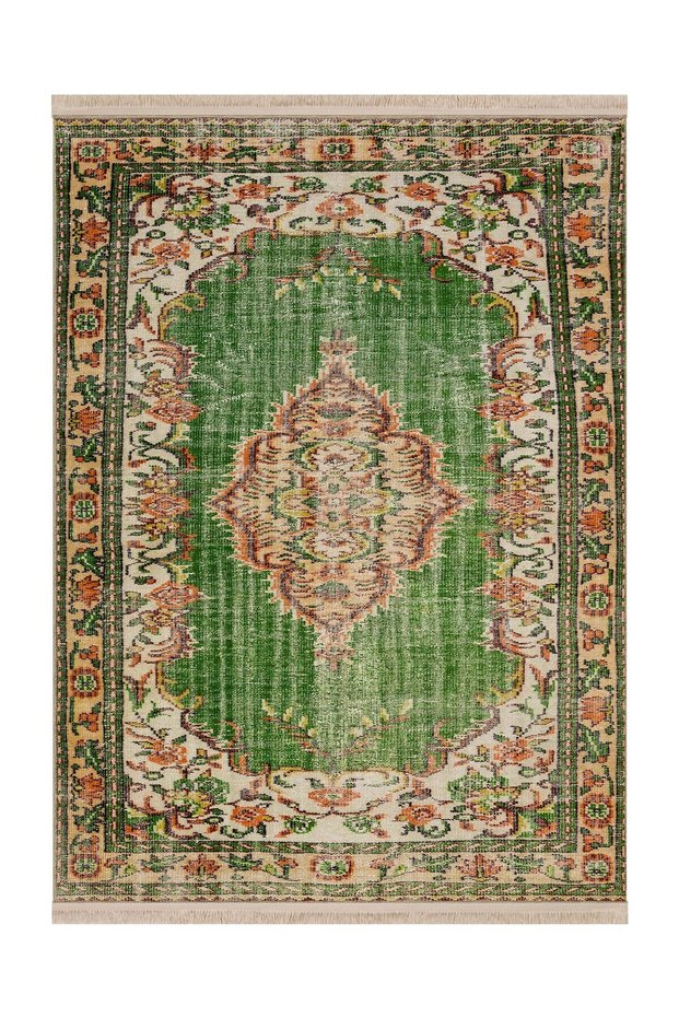 Memlik Collection Green Beige Theme Traditional Vintage Patterned Woven Base Decorative Carpet Memlik21