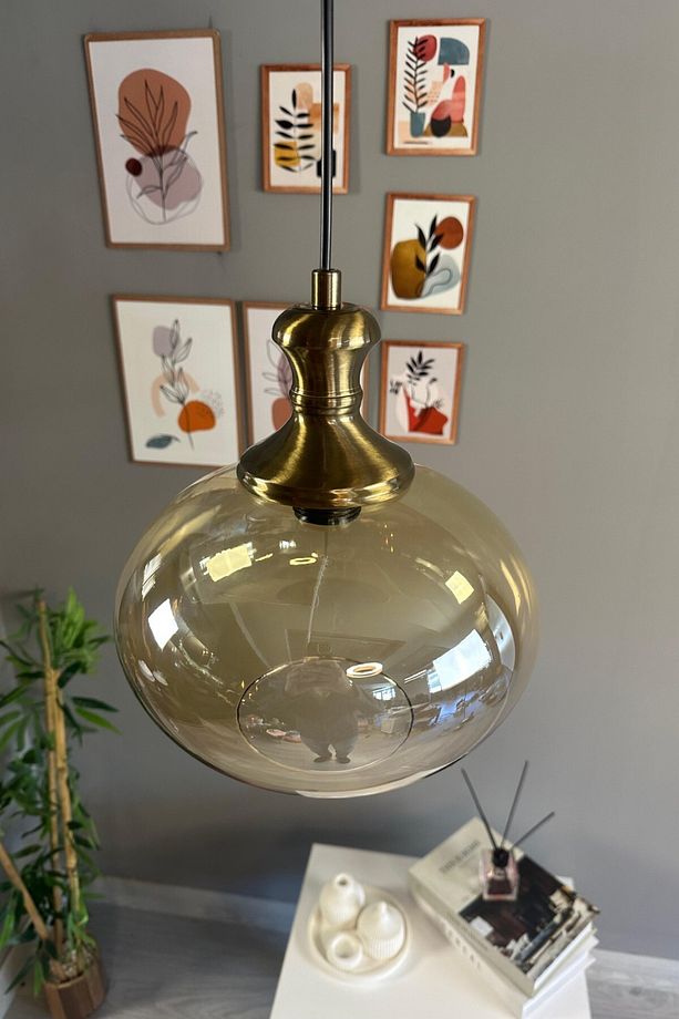 Solvia Cam Bal Rengi Tekli Avize Eskitme Tokmak Başlık Retro Sarkıt Lamba Salon Aydınlatma - 3