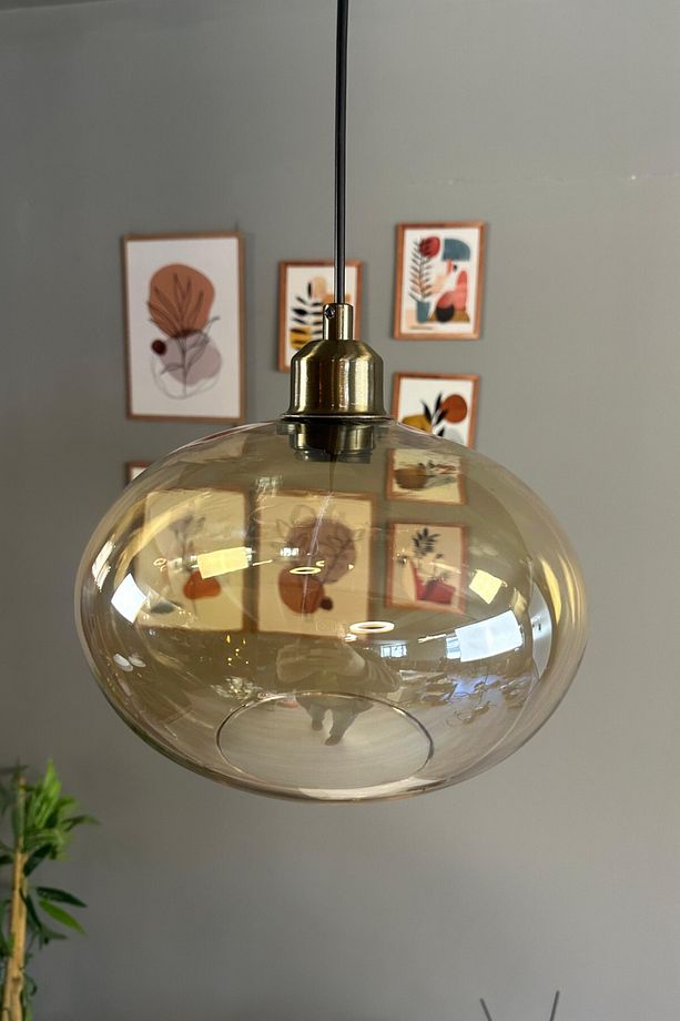 Solvia Cam Bal Rengi Tekli Avize Yarım Lale Başlık Retro Sarkıt Lamba Salon Aydınlatma - 3