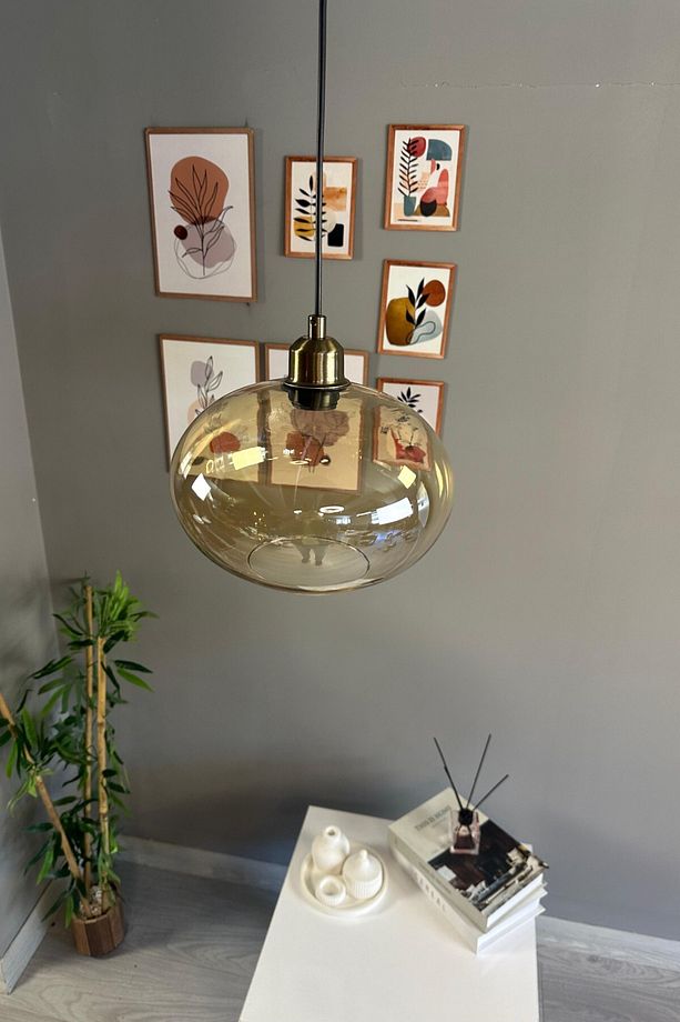 Solvia Cam Bal Rengi Tekli Avize Yarım Lale Başlık Retro Sarkıt Lamba Salon Aydınlatma - 2
