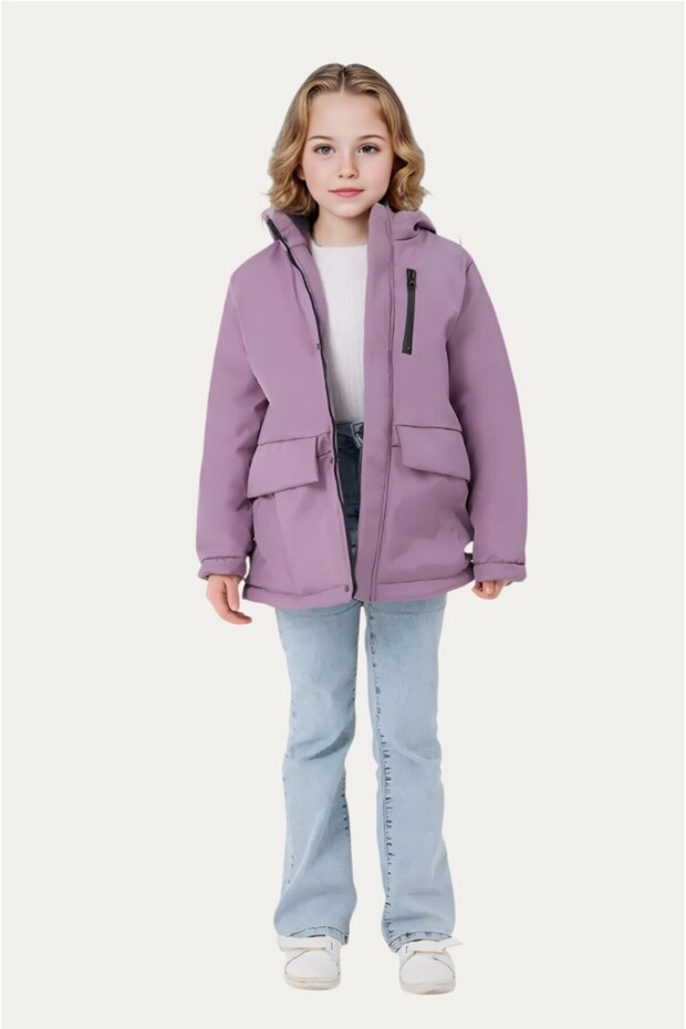 Girl's Lilac Fur Lined Water & Windproof Hooded 3-Pocket Winter Coat & Parka