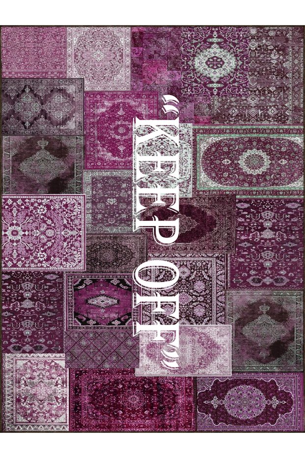 Quartz Collection Keep Off in Purple Tones Written Vintage Patterned Woven Base Decorative Carpet Kuvars33