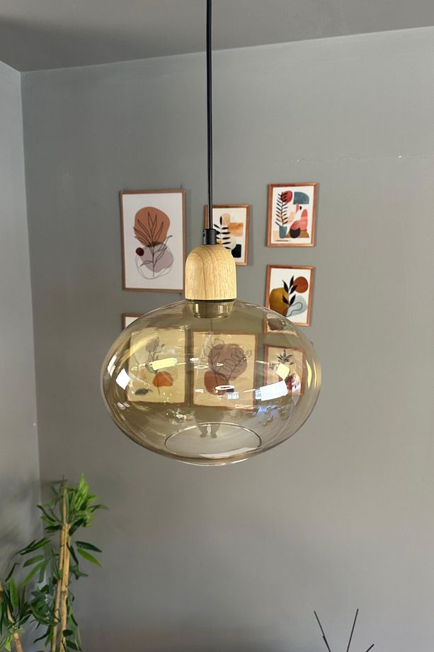 Solvia Cam Bal Rengi Tekli Avize Kalın Ahşap Kafa Başlık Retro Sarkıt Lamba Salon Aydınlatma - 4