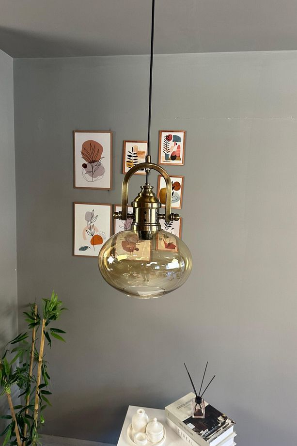 Solvia Cam Bal Rengi Tekli Avize Delikli Eskitme Başlık Retro Sarkıt Lamba Salon Aydınlatma - 4