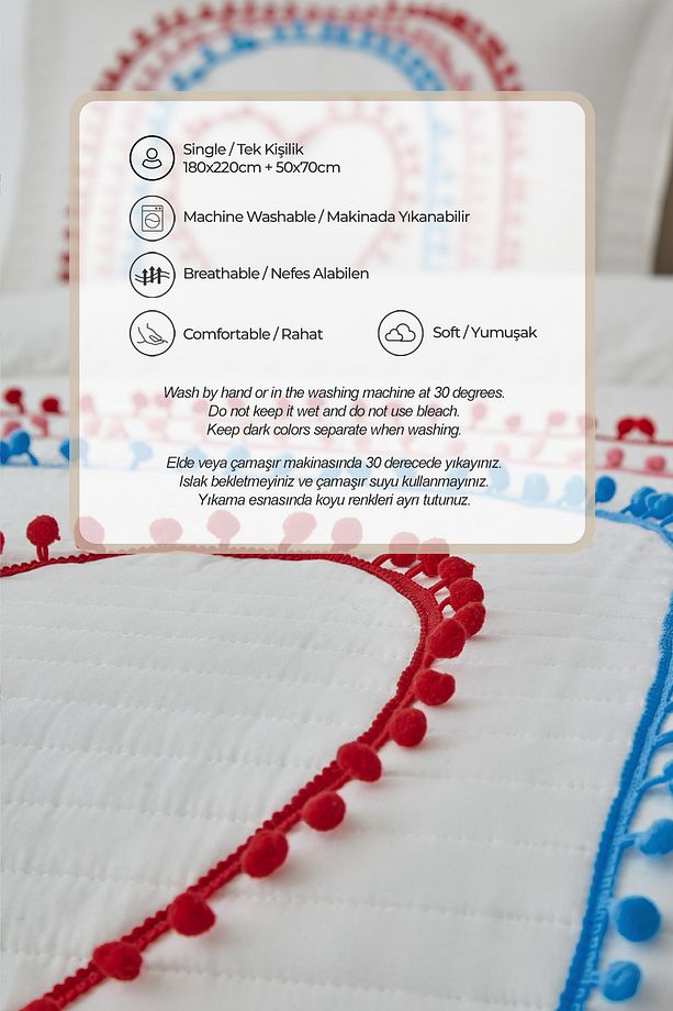 Hale Renkli Ponponlu %100 Pamuk Tek Kişilik Yatak Örtüsü Kalpli ( Pike ) Takımı - 3