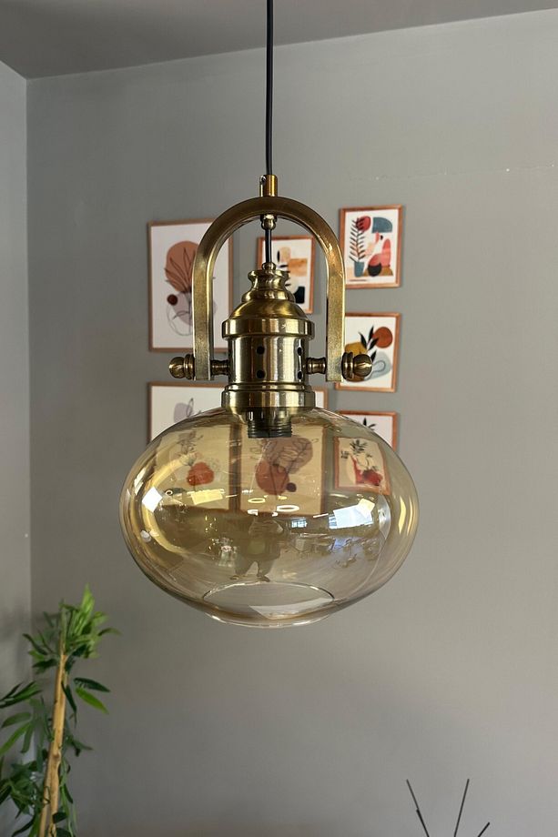 Solvia Cam Bal Rengi Tekli Avize Delikli Eskitme Başlık Retro Sarkıt Lamba Salon Aydınlatma - 5