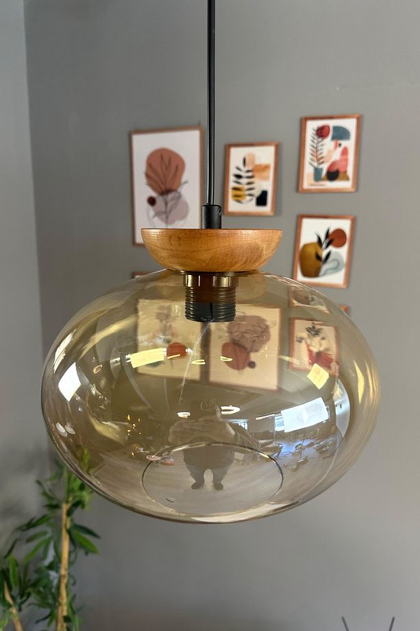 Solvia Cam Bal Rengi Tekli Avize Tabak Ahşap Başlık Retro Sarkıt Lamba Salon Aydınlatma - 3