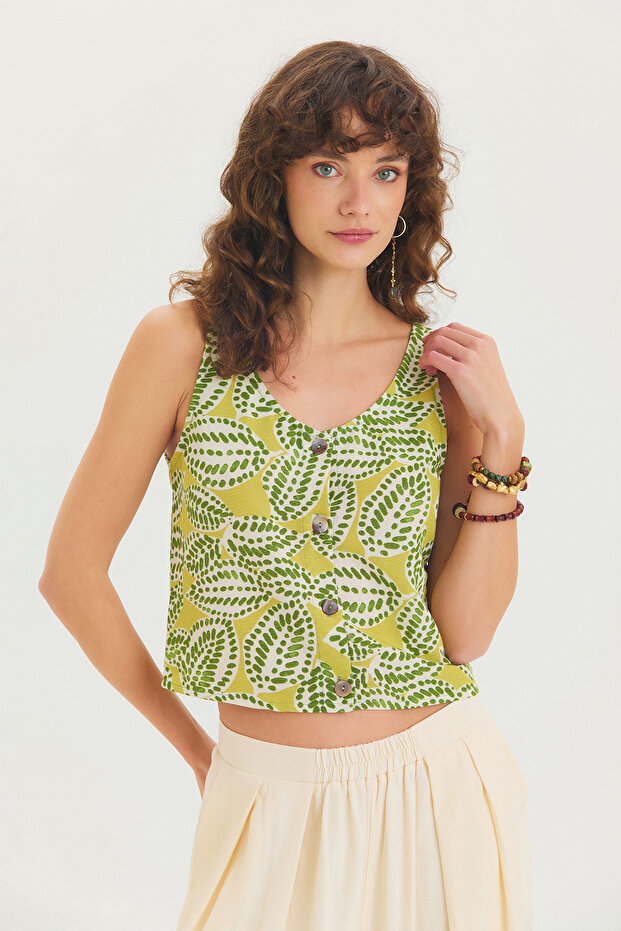 Basic Düğmeli Kısa Bluz Yeşil - 1