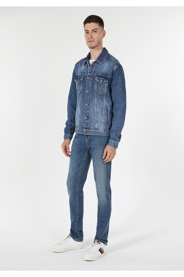 Regular Fit Erkek Mavi Çift Cepli Jean Ceket - 3