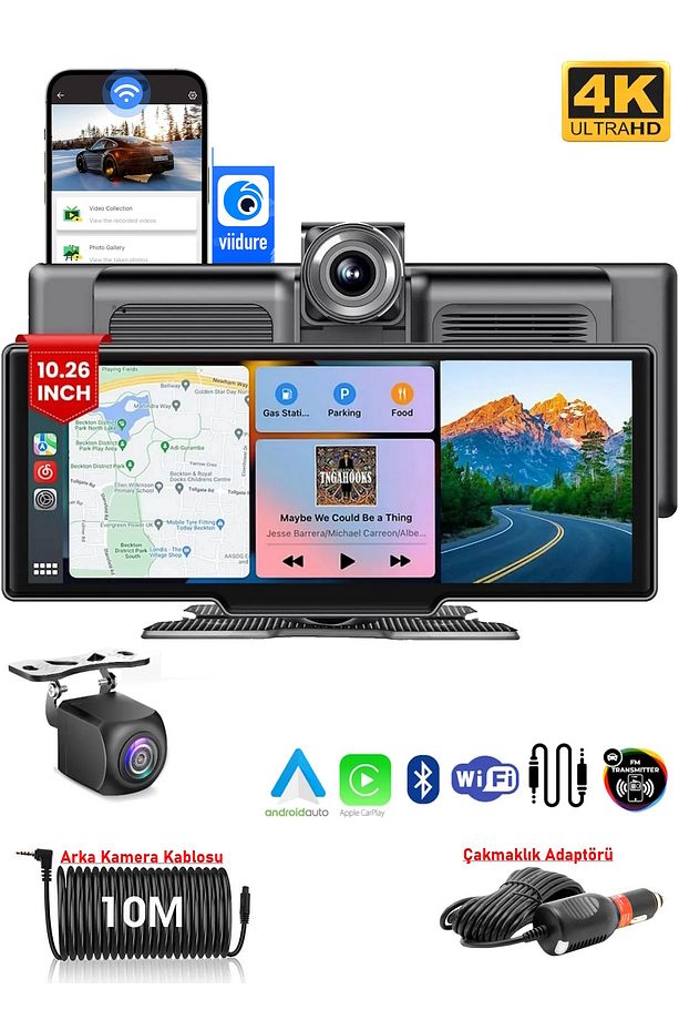 CP10 Carplay Apple Android Uyumlu 10.2 İnç Büyük Ekran Tak Çalıştır 4K Ön/Arka Çift Kameralı - 1