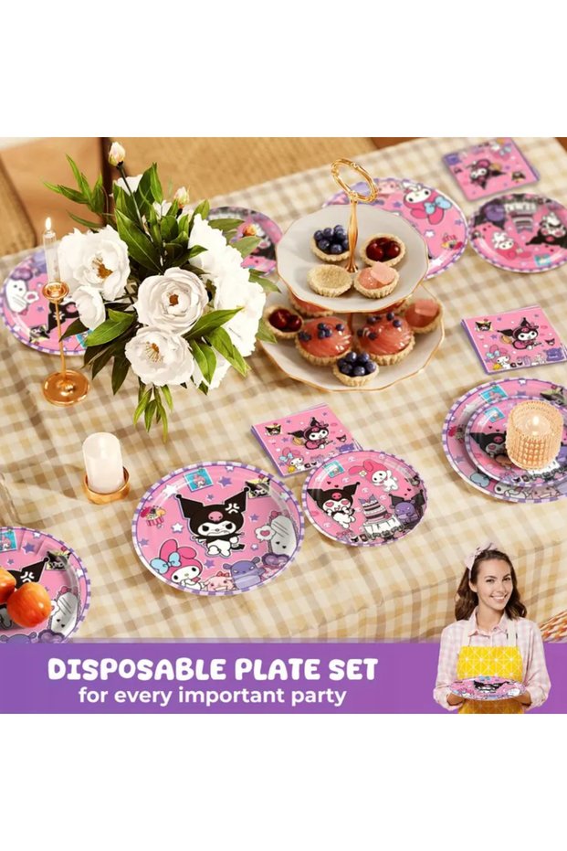 20-Person 80-Piece Sanrio Kuromi Character Birthday Party Set / Cardboard Plates, Cups, Napkins