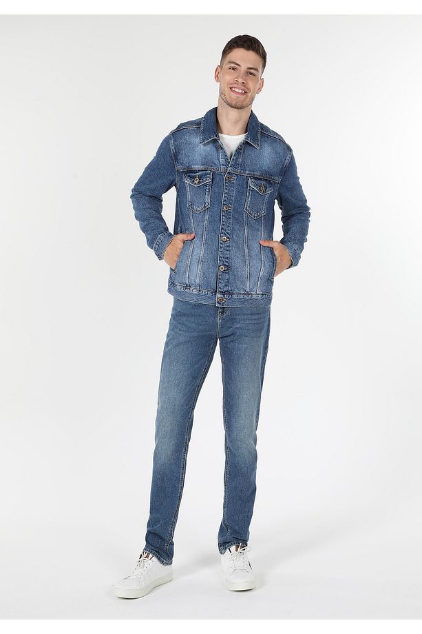 Regular Fit Erkek Mavi Çift Cepli Jean Ceket - 1