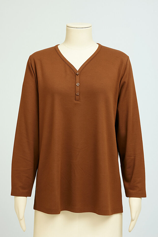 Women Mother 3 Button Modeled Long Sleeve Mother's Day Combed Cotton Blouse T-shirt