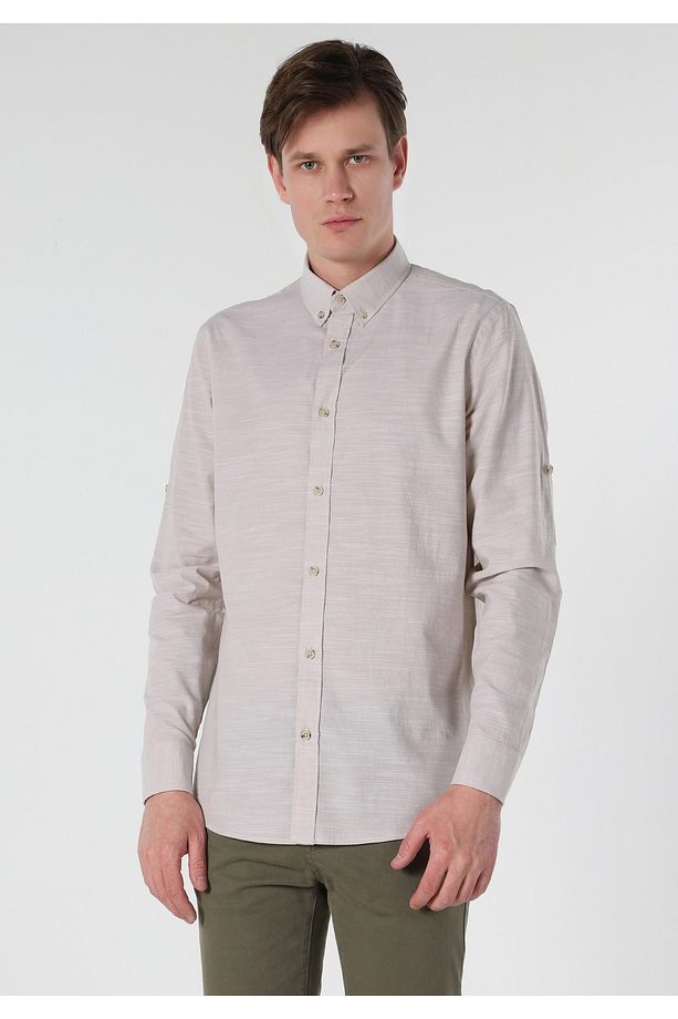 Regular Fit Düz Bej Erkek Uzun Kol Gömlek Cl1058567 - 4