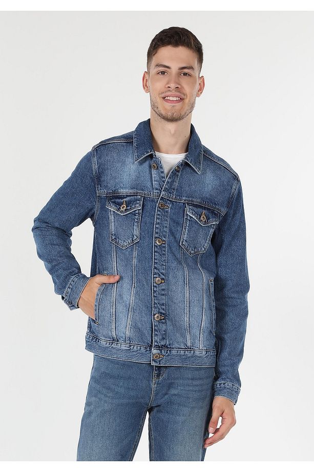 Regular Fit Erkek Mavi Çift Cepli Jean Ceket - 4
