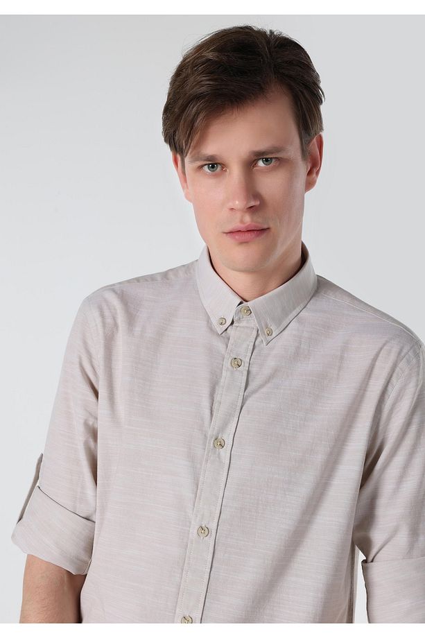 Regular Fit Düz Bej Erkek Uzun Kol Gömlek Cl1058567 - 5