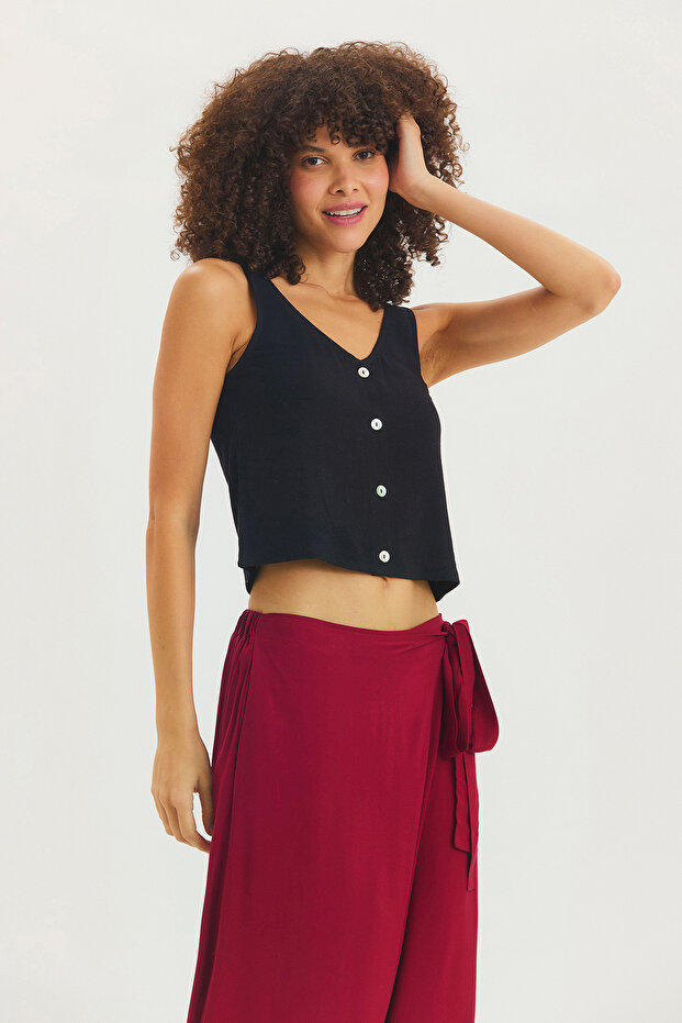 Basic Düğmeli Kısa Bluz Siyah - 3