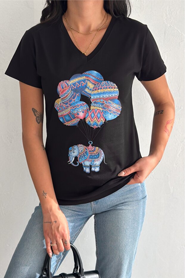 Women's Black V-Neck Balloon Elephant Pattern Sequin Embroidered 100% Cotton T-Shirt