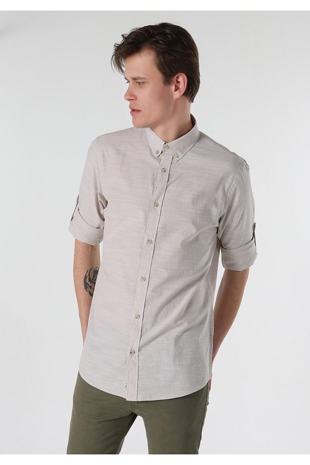 Regular Fit Düz Bej Erkek Uzun Kol Gömlek Cl1058567 - 3