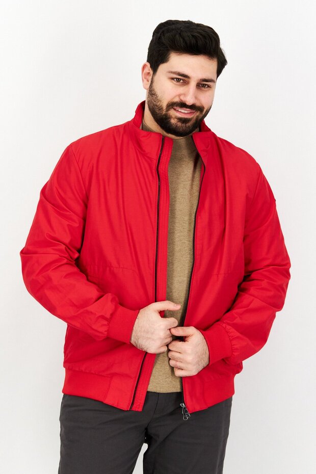 Men Mock Neck Solid Full Zip Jacket, Red - 1