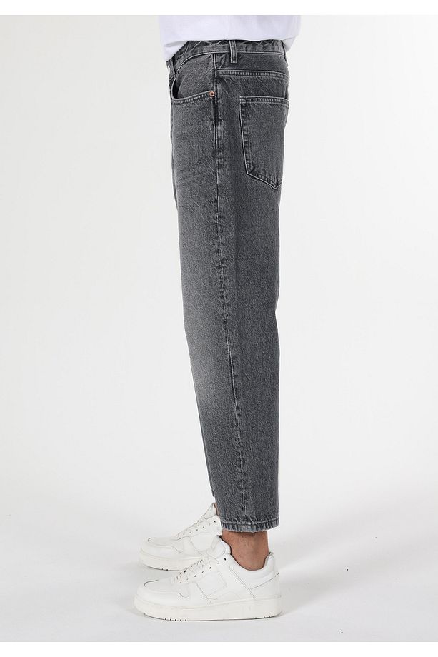 Loose Relaxed Fit Drop Crotch Kısa Paça Erkek Gri Jean Pantolon - 5