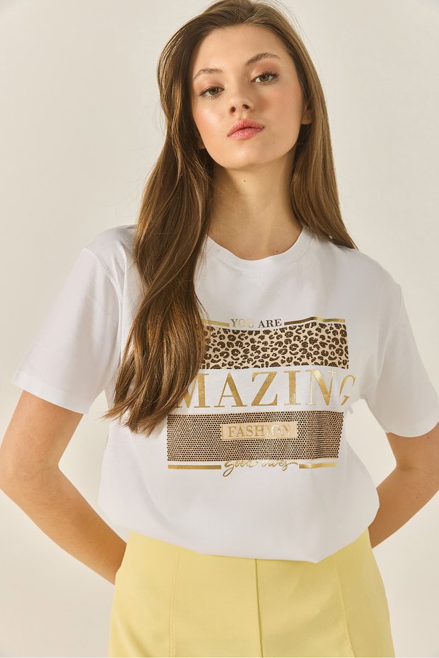 Women's White Printed Stone Detailed Regular Fit Cotton T-Shirt 8136 60283302