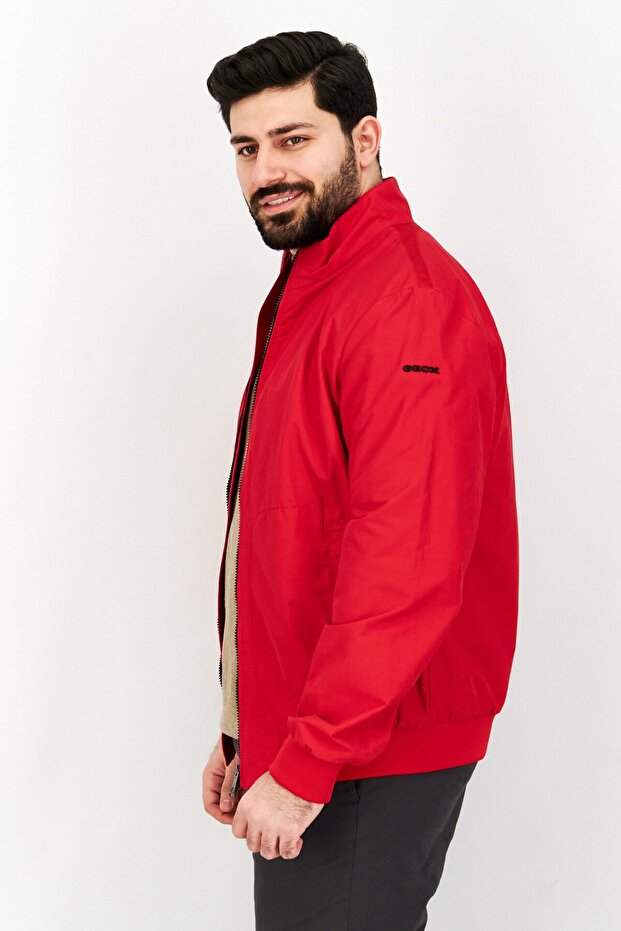 Men Mock Neck Solid Full Zip Jacket, Red - 3