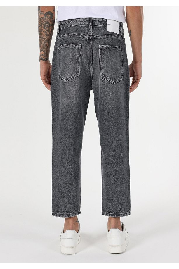 Loose Relaxed Fit Drop Crotch Kısa Paça Erkek Gri Jean Pantolon - 2