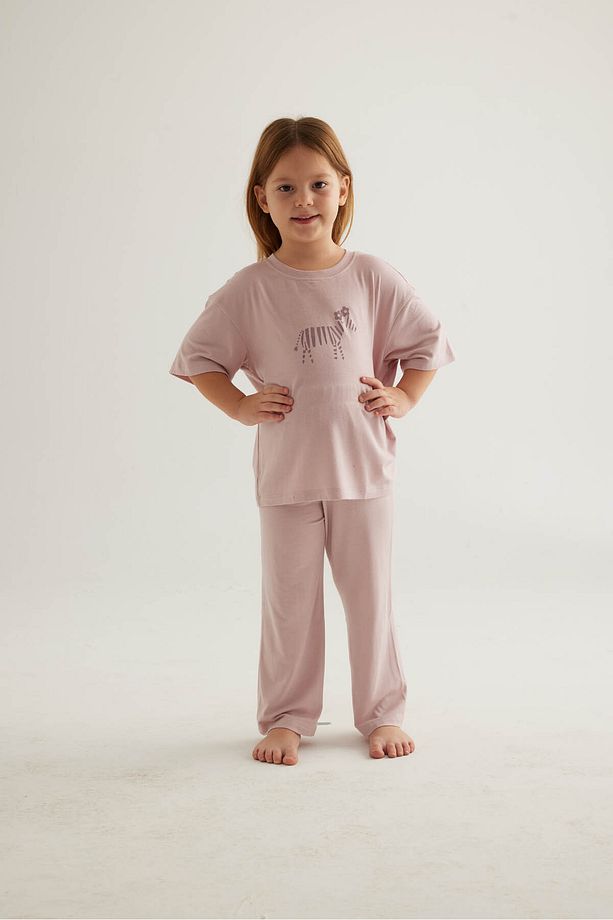 Kız Çocuk Viskon Kısa Kollu Uzun Pijama Takımı - 3