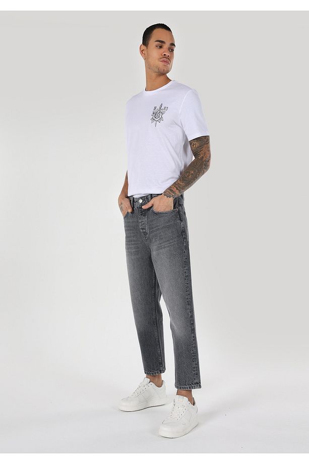 Loose Relaxed Fit Drop Crotch Kısa Paça Erkek Gri Jean Pantolon - 3