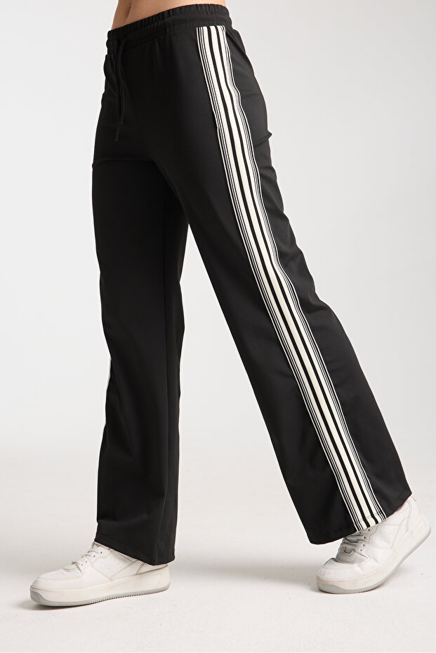 Women's Black Striped Diver/Scuba Fabric Sports Knitted Sweatpants