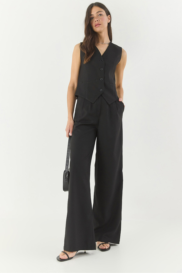 Women's Black Classic Cut Vest High Waist Pants Fabric Top and Bottom Set 9270 60281048